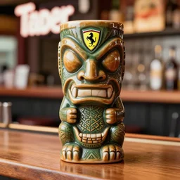 a closeup photorealistic photograph of a ferarri themed tiki mug sitting at a trader vic's bar shaped like an enzo. tiki theme. bright scene. fine detail. this 4 k hd image is trending on artstation, featured on behance, well - rendered, extra crisp, features intricate detail, epic composition and the style of unreal engine.