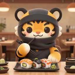 a portrait of an anthropomorphic ninja tiger eating sushi, standing in a restaurant, cute and adorable, dnd character art portrait, well rendered matte fantasy painting, deviantart artstation, by jason felix by steve argyle by tyler jacobson by peter mohrbacher, cinematic lighting