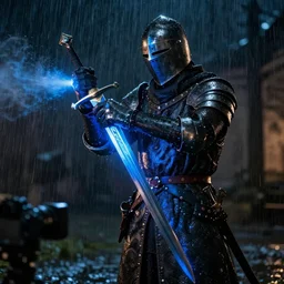 ultra realistic character as a medieval knight staying in the rain with sword that almost glows with blue light shot from professional camera, rim light, rainy weather, vivid lights night time, dark mood