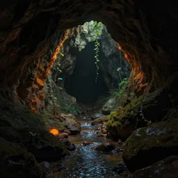 inside of a dark cavern, small water stream, dim light from orange minerals, small vines, fantasy, art by greg rutkowski