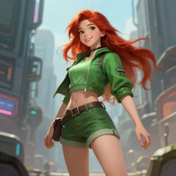 beautiful cute athletic red haired eighteen year old young woman standing up, casual green clothing, long hair, cyberpunk city, cute smiling face, dynamic pose, rpg character, sci - fi, intricate, elegant, digital painting, artstation, concept art, smooth, 8 k frostbite 3 engine, ultra detailed, art by artgerm and greg rutkowski and magali villeneuve