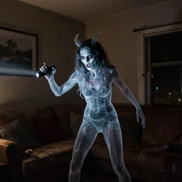 transparent horror female demon evil spirit attacks in living room with interior photos shot on iphone, dynamic pose, middle body shot, sharp focus, grainy, corpse, paranormal flashlight, night, total darkness,