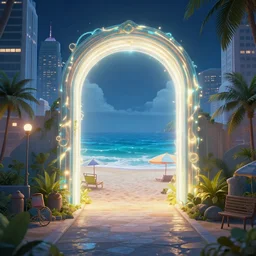 a magical glowing portal in the middle of a city that leads to a beach, realistic