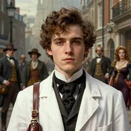 face portrait of a young person named percy toplis dressed as a 1 8 8 0 s doctor with a gladstone bag, nicoletta ceccoli, mark ryden, lostfish, hyung tae, frank frazetta, depth of field, detailed and intricate victorian london environment, 8 k resolution, hyperrealistic, octane render