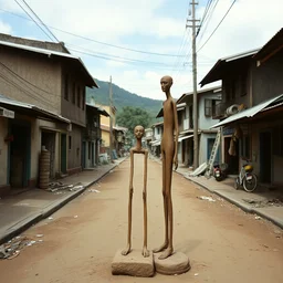 vintage color photo of a giacometti clay sculpture in the middle of a poor brazilian favela street, image by werner herzog