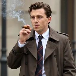 tom holland wearing a brown trenchcoat, white shirt and plaid tie, smoking a cigar, dressed as detective columbo.