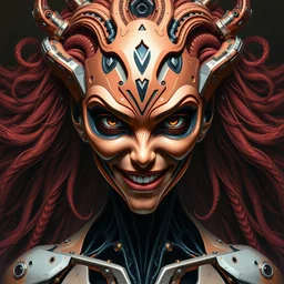 perfectly centered portrait, front view of a beautiful biomechanical android alien robot goddess kali, female, flowing hair, intense stare, sarcastic smile, symmetrical, concept art, intricate detail, volumetric shadows and lighting, realistic oil painting by tim hildebrandt,