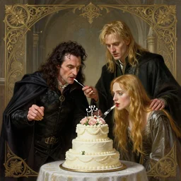 ian mckellen as magneto and he is mind controlling lord voldemort to eat a wedding cake, deep focus, d & d, fantasy, intricate, elegant, highly detailed, digital painting, artstation, concept art, matte, sharp focus, illustration, hearthstone, art by artgerm and greg rutkowski and alphonse mucha