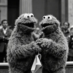 elmo committing war crimes, black and white film photograph