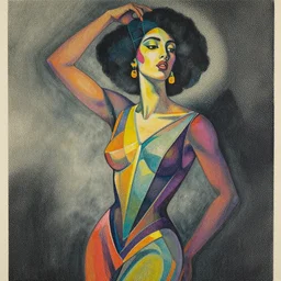 ( ( strong dither ) ), illustrated portrait a woman like reol, modern art deco, dynamic pose, colorful, moody, ( ( mads berg ) ), christopher balaskas, victo ngai, detailed features, matte, fog, dramatic lighting, halftone dots, stippled light, risograph, 4 k, wood block print, afrofuturism