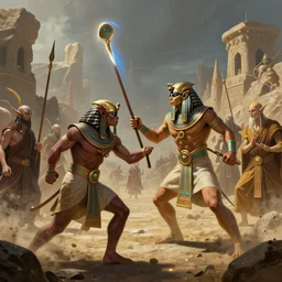 Egyptian Gnolls battle elf monks, by Greg Rutkowski, 4k, cinematic, fantasy