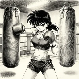 original baki anime angry female boxer character design. interior of boxing gym. punching a punching bag!! pencil and ink by artgerm, cushart krenz, greg rutkowski and alphonse mucha. dramatic lighting