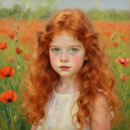 portrait of a 2 0 year old girl with long wavy curly red hair and green eyes in a poppy field. beautiful painting by artgerm and greg rutkowski and alphonse mucha