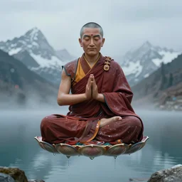 a close - up abstract portrait of a liquid model of tibetan monk in lotus position flying in front of camera over himalaya mountains lake in weightlessness, small foggy and blue gloomy, bokeh background, highly detailed science fiction illustration by salvador dali. hyper detailed, 8 k, movie still, artstation, unreal engine
