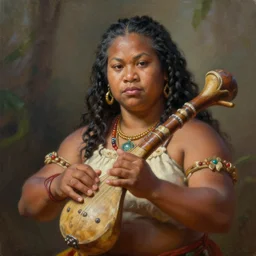 a _ fantasy _ style _ portrait _ painting _ of samoan female charismatic bard playing instrument, rpg dnd oil _ painting _ unreal _ 5 _ daz. _ rpg _ portrait _ extremely _ detailed _ artgerm _ greg _ rutkowski _ greg