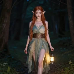 a photo of woman elf walks in night forest holding lantern in hands, perfect faces, front view