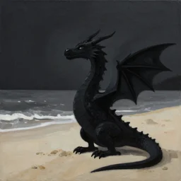 dragon, beach, serene, happy, black, artwork, acrylic paint, tonal colors, dark, post processing