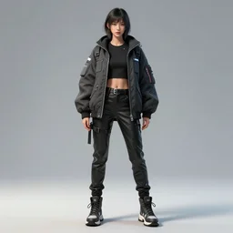a full body illustration of an Asian female cyberpunk character wearing baggy techwear jacket, leather pants and tennis shoes, highly detailed, soft lighting, by Glenn Fabry, HD, 4K