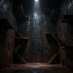 huge, very dark room, with rusty metallic walls, metal door, pitch black, platforms with staircases everywhere, lots of stairs, digital art, concept art, high detail, eerie, volumetric, singel light source, style of jordan grimmer