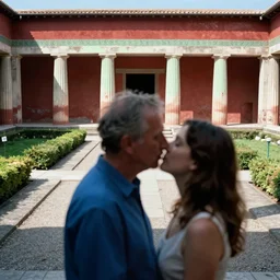 out of focus, head to shoulders kiss, photography by saul leiter and ernst haas in an empty decorated pompeii garden, airforce blue, red, bright pale green