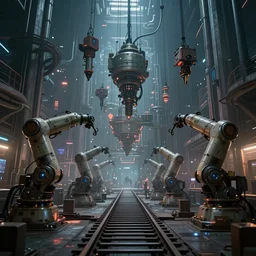 dystopian factory building robots with suspended rails and hanging mechanical parts, concept art by syd mead, gloomy, neon lights