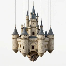 castle floating hanging by cables and chains, by beeple, justin gerard, emmanuel shiu, jakub rozalski