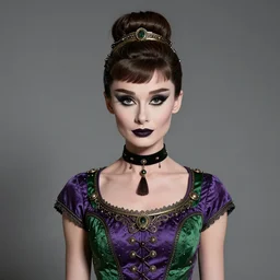 in the style of diego fazio, artgerm, beautiful audrey hepburn, steampunk, elegant pose, middle shot, spooky, symmetrical face symmetrical eyes, three point lighting, detailed realistic eyes, short neck, purple and green top clothing, insanely detailed and intricate elegant