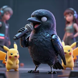 high quality 3 d render very cute cyborg crow! sings into microphone!, cyberpunk highly detailed, unreal engine cinematic smooth, in the style of blade runner & detective pikachu, hannah yata charlie immer, moody light, low angle, uhd 8 k, sharp focus