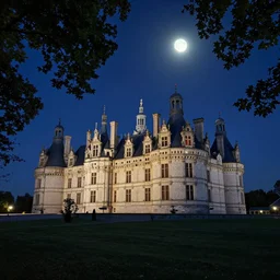 a renaissance castle in a forest with a glowing night sky, upward angle, by ruan jia