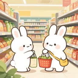 rabbits shopping at the supermarket, cartoon