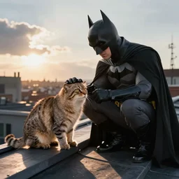Batman petting his Pallas cat on a rooftop, by Neil blomkamp