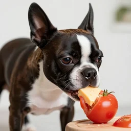 boston terrier with a beard eating tomato's with cheese, photorealistic, high detail, 8 k resolution