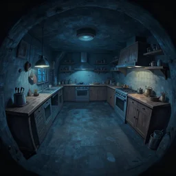 underground, fisheye spiral lines, naive, extra narrow, detailed illustration of a basement kitchen, large floor, dimly lit by rhads from lorax movie, trending artstation, dark blue