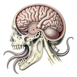 hyper-detailed vintage color pencil antique medical illustration of Kaiju head cross-section, nautilus brain, ribcage, xhenomorph, with tentacles coming out of open mouth and exposed jaw bone, spinal column, cerebral corpus callosum, vastus lateralis, cerebellar peduncle, interventricular foramen, symmetrical H 832