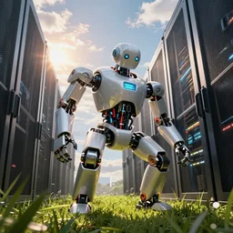closeup macro the robot humanoid works in inside the data center server room, cinematic view, epic sky, detailed, concept art, low angle, high detail, warm lighting, volumetric, godrays, vivid, beautiful, trending on artstation, by jordan grimmer, huge scene, grass, art greg rutkowski