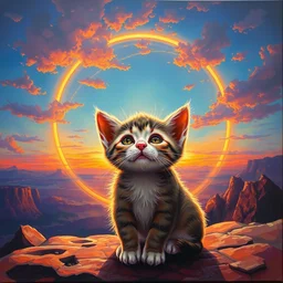 a kitten watching a beautiful sunset. ayahuasca purge, magic halo, broken soul, deep sickness oil paint, surrealist highly detailed at, ethereal, trending on art station, emotional surrealism oil painting, tears, crying, glitching squares, very very very very very beautiful