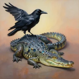 painting of hybrid between crow!! & crocodile, intercrossed animal, mixture animal, by tiffany bozic, by zdzislaw beksinski, organic, unusual anatomy, cold hue's, warm tone gradient background, concept art, beautiful composition, digital painting,