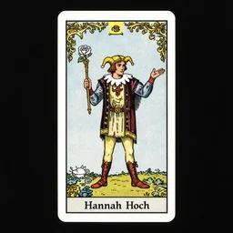 an occult tarot card, the fool who is a madman holding a staff and a white rose clever design, ornate border, playing card, by hannah hoch and jesse treece and christian jackson and josh brill