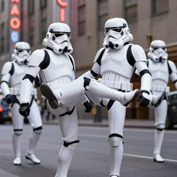 radio city rockettes kicking while wearing stormtrooper helmets