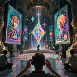 cinematic shot epic fractal halls of creativity, walls of large moving images, hyper realistic, mood lighting, fantasy, detailed people creating beautiful diverse large holographic art, highly detailed, super realistic, point of view of visor wearer, air hands painting art in the air!, perfect lighting pixel sorting