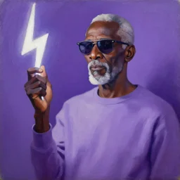 old black man holding lightning bolt in hand, shades of purple and white, oil painting by aaron douglas,