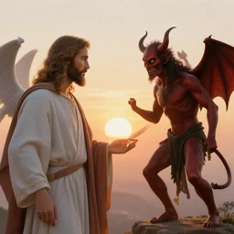 Jesus versus the Devil, lit by the light of gods, sunrise, hyper detailed, artstation, cgsociety by greg rutkowski and by Gustave Dore
