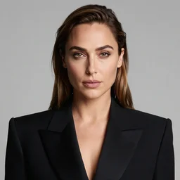 professional head shot photograph of fashion model gal gadot wearing black suit by reza nia, nick knight, amy judd, jil sander minimal romantic heavenly elite style, posed, beautiful, studio, studio lighting, flat neutral tone, sharp focus, 8 k, very fine detail, stunning matte painting