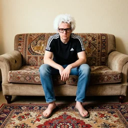 russian drunk sitting on the couch with black glasses adidas shirt jeans old soviet carpet beautiful patterns white man funny hairstyle torn carpet hotel