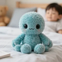 a 1 0 5 mm macro image of a very cute fluffy stuffed wool cthulhu toy sitting on a boy's bed