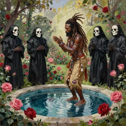 a haitian shaman with dreadlocks being worshipped by a haitian death cult wearing black robes in a rose garden with a reflective pool, by greg rutkowski and android jones and thomas kinkade in a surreal portrait style, oil on canvas, 8k, hd,