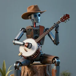 bluegrass robot playing deering banjo, sitting on a stump, high detail, hyper realistic, octane render, unreal engine