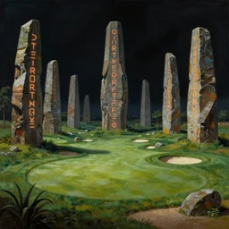 golf course scene, surrounded by ancient monoliths with glowing runes. highly detailed science fiction painting by norman rockwell, frank frazetta, and syd mead. rich colors, high contrast, gloomy atmosphere, dark background. trending on artstation