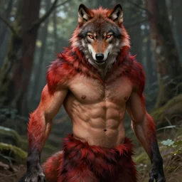 full figure portrait of a beautiful young fit male werewolf, wolf head, partially male hairy torso, fur covered legs, feral scene, by greg rutkowski and alphonse mucha, d & d character, gradient red to black, in front of a forest background, highly detailed portrait, digital painting, artstation, concept art, smooth, sharp focus ilustration, artstation hq