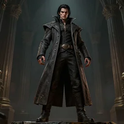 full body low angle shot of an intimidating male dhampir in the style of Pathfinder by Cushart Krenz and Dittmann Anna, handsome face, long coat, long dark hair, red eyes, low angle shot, highly detailed, trending on artstation, cgsociety, 4k, 8k, HDR, octane render, unreal engine